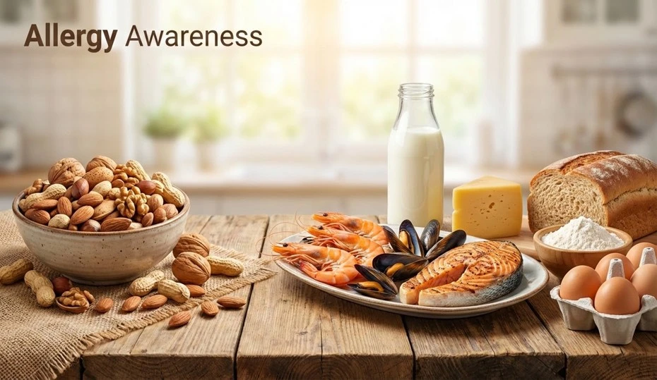 Common allergenic foods (nuts, seafood, milk)