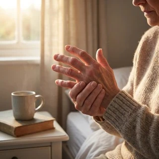 Person holding stiff and swollen hand joints with early inflammatory arthritis symptoms