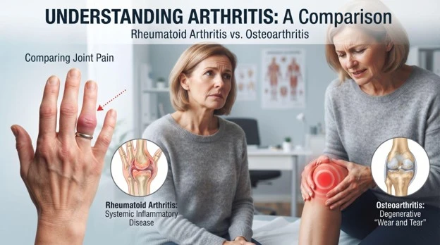 Middle-aged adult comparing swollen finger joints with a painful knee