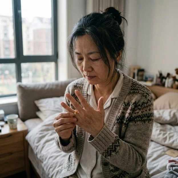 Middle-aged adult looking at their hands while trying to remove a ring in the morning