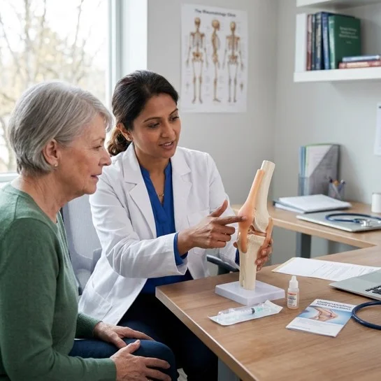 Rheumatologist discussing joint injection treatment options