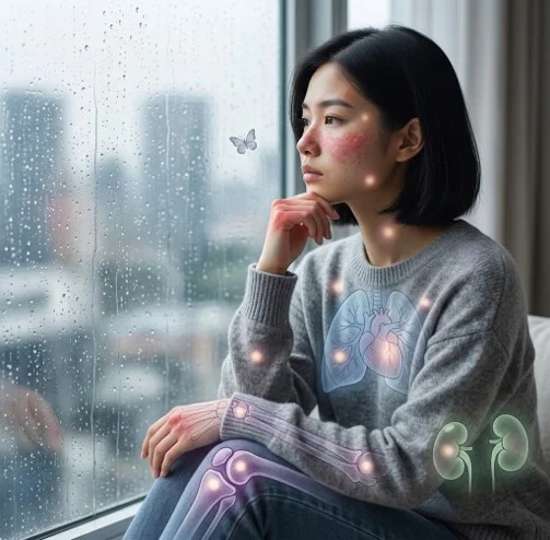 Woman with lupus and overlays highlighting affected organs and body systems