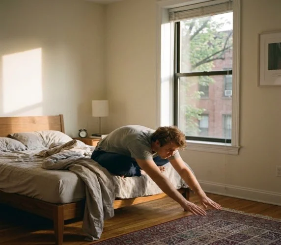 Young adult stretching their lower back after getting out of bed