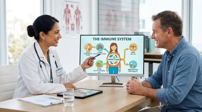Allergist and clinical immunologist explaining allergic and immune-related conditions.