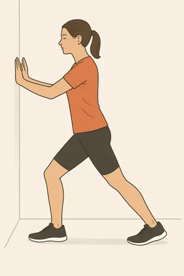 Wall calf stretch to loosen tight calf muscles and maintain ankle mobility.