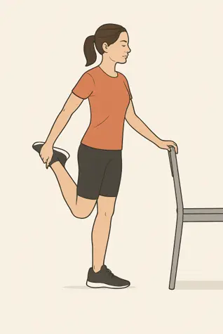 Standing quadriceps stretch to strengthen thigh flexibility and stabilize the knee.