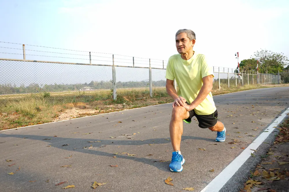 An older man stretching on a paved road outdoors.