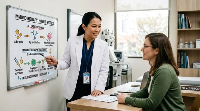 Allergy immunotherapy consultation explaining how treatment builds immune tolerance