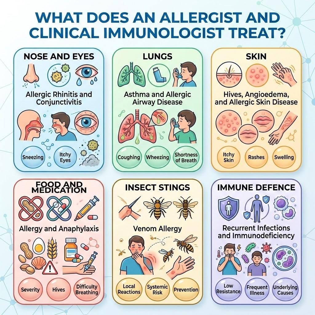 An infographic of what an allergist and clinical immunologist treat